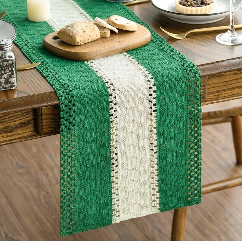 Woven Green and White Boho Table Runner 12” x 72” | Dining Decor